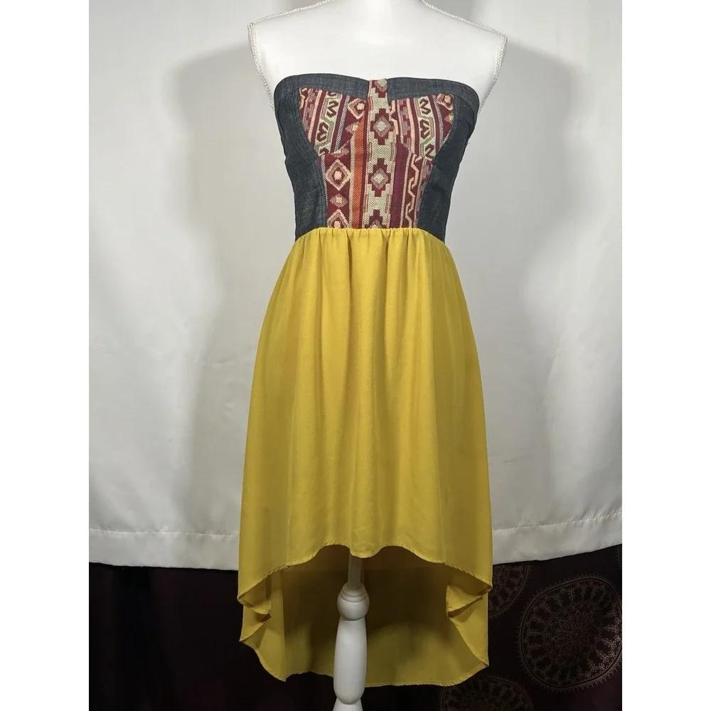Flying Tomato Women's Strapless Dress Geometric‎ Tapestry Denim Hi/Low Size M